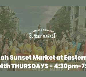 Enjoy Flavor on Wheels at Eastern Wharf's Food Truck Thursdays. a muted photo of people on a street with a banner