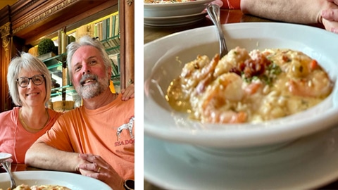 Flavors Food Tours. a couple sitting at a table and shrimp and grits