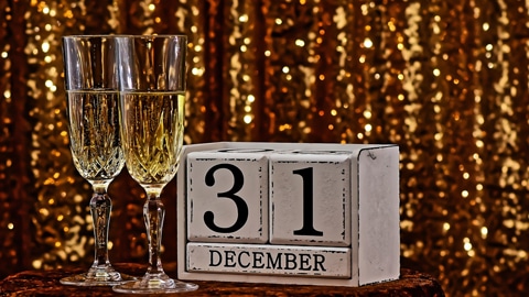New Year's Eve Events in Savannah. 2 glasses of champagne, a 31 December wood block
