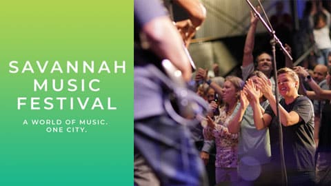Savannah Music Festival 2024. green logo and a concert