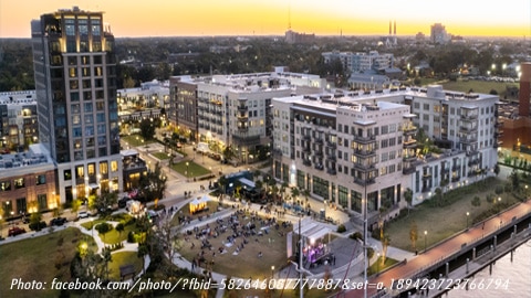 Savannah's Eastern Wharf. Aerial view of buildings