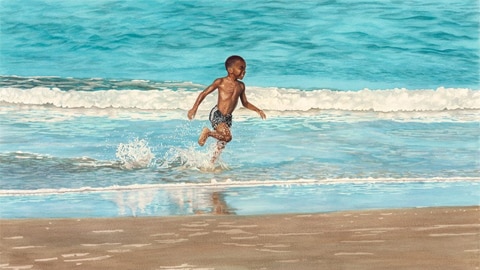 The Soul-Searching Art of William Kwamena- Poh. a little boy running in the waves