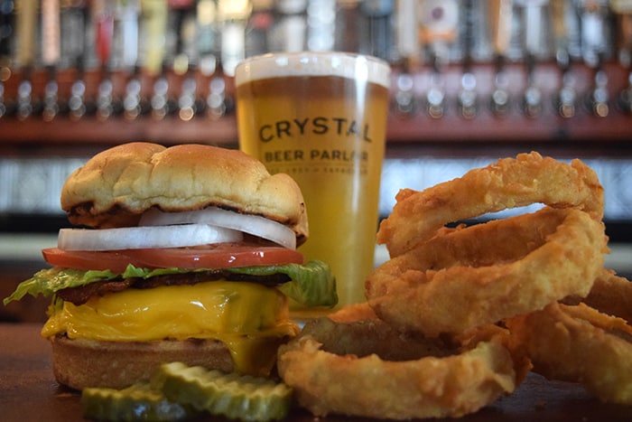 Savannah Crystal Beer Parlor burger and onion rings