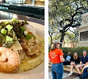 Flavors Food Tours - Savannah. A plate of shrimp and a woman leading a tour