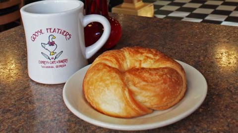 Best Breakfast at Goose. Goose Feathers Cafe mug and croissant