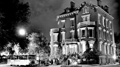 Savannah's Haunted Houses. black and white photo of a mansion
