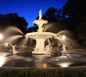 The Restoration of the Forsyth Fountain. large white fountain
