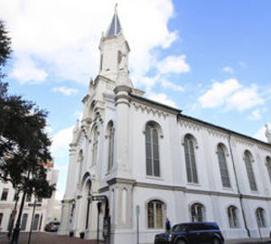 Savannah's Grand Gothic Revival. white church with steeple