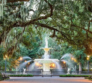 Savannah Second Best City. white fountain spraying water in a park